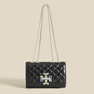 Quilted Stoned Cross Accent Chained Shoulder Bag