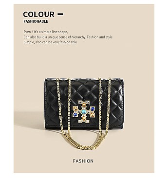 Quilted Stoned Cross Accent Chained Shoulder Bag