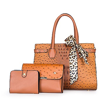 3 IN 1 CROC-OSTRICH SCARFED SATCHEL SET