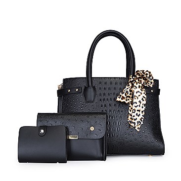 3 IN 1 CROC-OSTRICH SCARFED SATCHEL SET