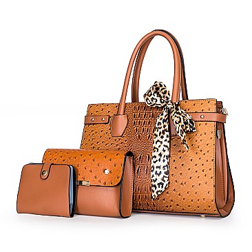 3 IN 1 CROC-OSTRICH SCARFED SATCHEL SET