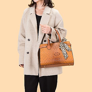 3 IN 1 CROC-OSTRICH SCARFED SATCHEL SET