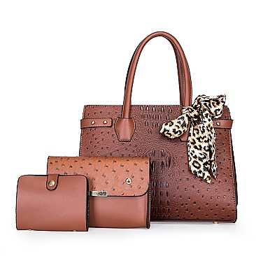 3 IN 1 CROC-OSTRICH SCARFED SATCHEL SET