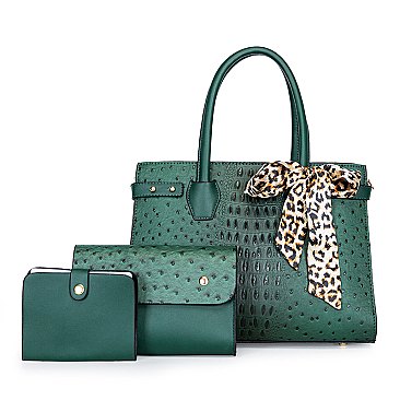 3 IN 1 CROC-OSTRICH SCARFED SATCHEL SET