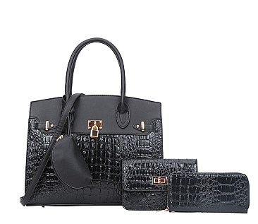 4 IN 1 Crocodile Embossed Padlock Accent Satchel - Cross body & Wallet Set