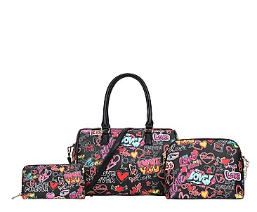 Graffiti HEART -LOVE Print 3-Pieces Set Boston Satchel - 3 IN ONE