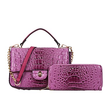 Crocodile Top-Handle Medium Flap Shoulder Bag Wallet Set