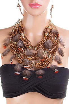 FEATHER & TWISTED WOODEN BEADS STATEMENT NECKLACE SET