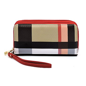 Plaid Check Double Zip Around Wallet Wristlet