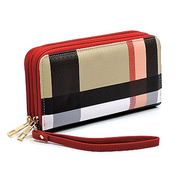 Plaid Check Double Zip Around Wallet Wristlet