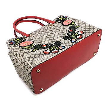 Diamond Check Embroidered Flower Satchel