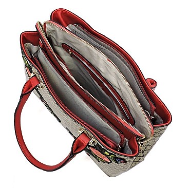 Diamond Check Embroidered Flower Satchel