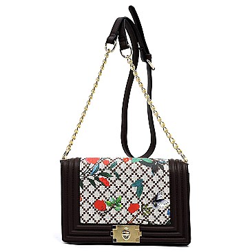 Flower Print Diamond Check Crossbody Bag