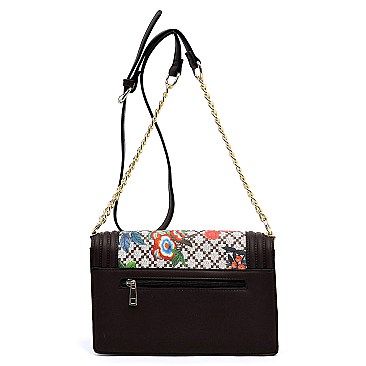 Flower Print Diamond Check Crossbody Bag