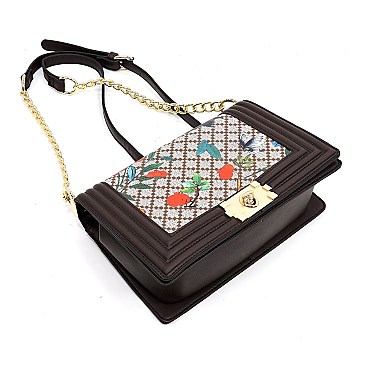 Flower Print Diamond Check Crossbody Bag