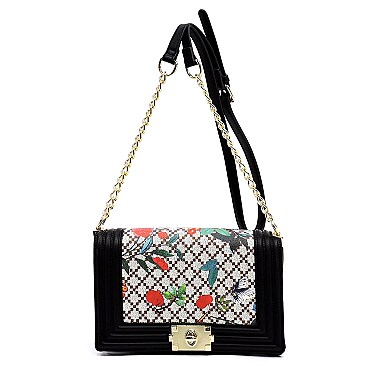 Flower Print Diamond Check Crossbody Bag