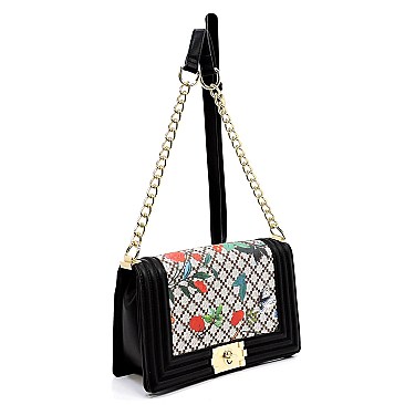 Flower Print Diamond Check Crossbody Bag