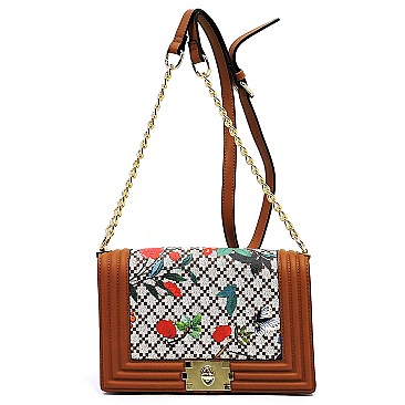 Flower Print Diamond Check Crossbody Bag