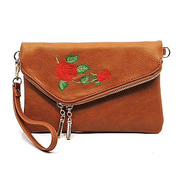 Envelope Embroidered Flower Crossbody Clutch