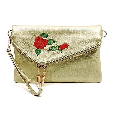 Envelope Embroidered Flower Crossbody Clutch