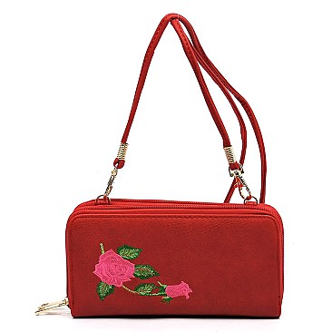 Double Zip Around Embroidered Flower Crossbody Wallet