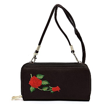 Double Zip Around Embroidered Flower Crossbody Wallet