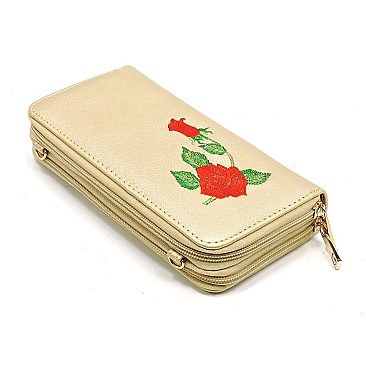 Double Zip Around Embroidered Flower Crossbody Wallet