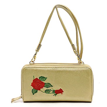 Double Zip Around Embroidered Flower Crossbody Wallet