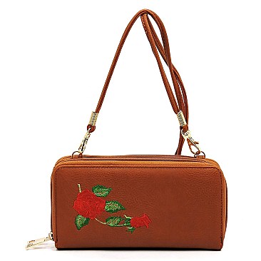 Double Zip Around Embroidered Flower Crossbody Wallet