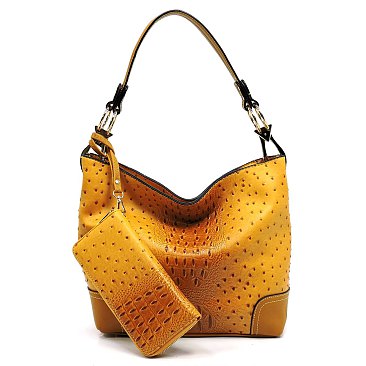 Side Ring Large Hooked Single Strap Ostrich Print Embossed Hobo SET