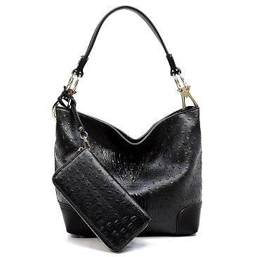 Side Ring Large Hooked Single Strap Ostrich Print Embossed Hobo SET