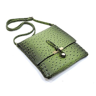 Ostrich Croc Flapover Crossbody Bag