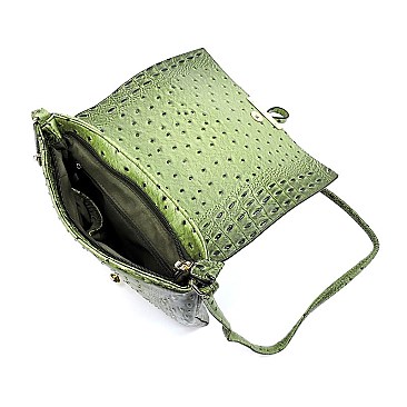 Ostrich Croc Flapover Crossbody Bag