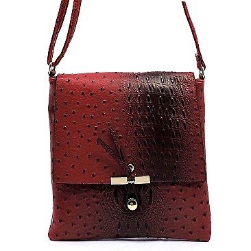 Ostrich Croc Flapover Crossbody Bag
