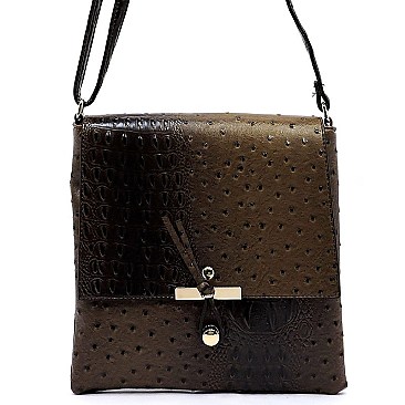 Ostrich Croc Flapover Crossbody Bag