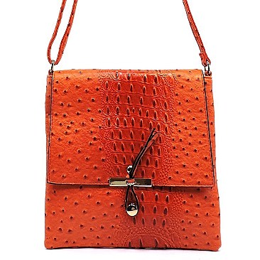 Ostrich Croc Flapover Crossbody Bag
