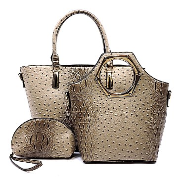 Ostrich Print Metal Handle Inner Bag 3 in 1 Tote SET