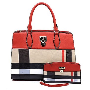 2 IN 1 Plaid Check Print Padlock Satchel