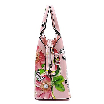 3-in-1 Glossy Flower Printed Satchel Set