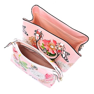 3-in-1 Glossy Flower Printed Satchel Set