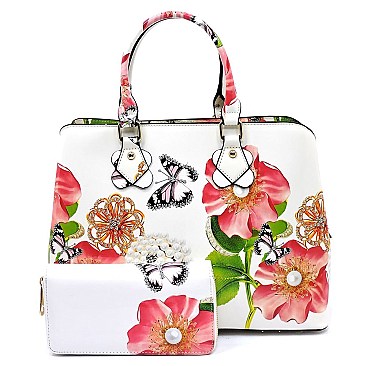 3-in-1 Glossy Flower Printed Satchel Set