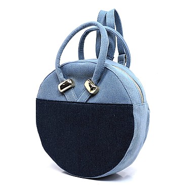Denim Colorblock Round Convertible Backpack Tote