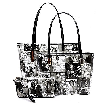 Magazine Print 3 in 1 Patent Twin Tote Wallet SET