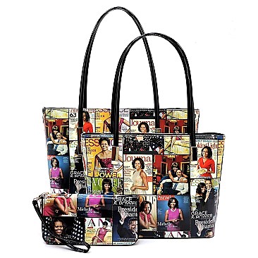 Magazine Print 3 in 1 Patent Twin Tote Wallet SET