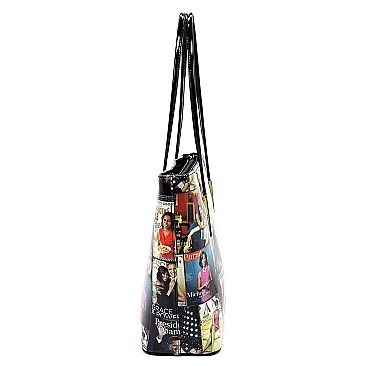 Magazine Print 3 in 1 Patent Twin Tote Wallet SET