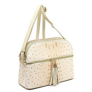 Ostrich Embossed Multi-Compartment Cross Body