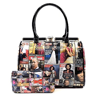 OBAMA Magazine Print Jewel-Top Satchel Wallet SET MH-PQ0031W