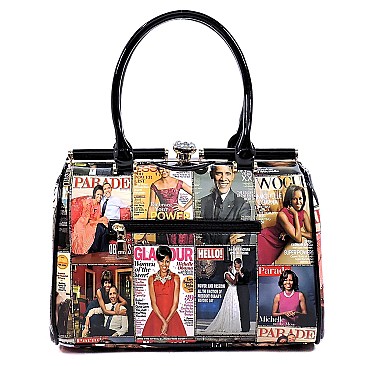 OBAMA Magazine Print Jewel-Top Satchel Wallet SET MH-PQ0031W