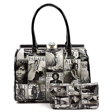 OBAMA Magazine Print Jewel-Top Satchel Wallet SET MH-PQ0031W