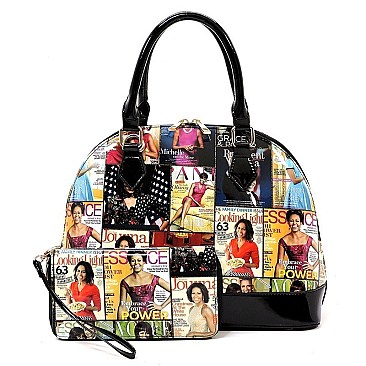 Obama Magazine Print Bottom Dome Shape Satchel Wallet SET